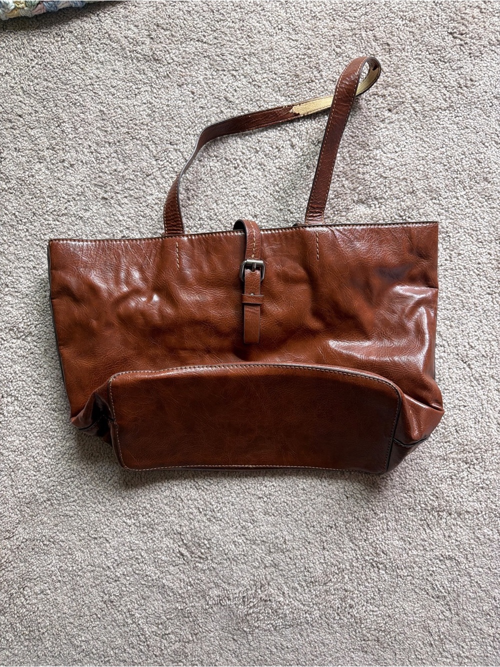 Cognac Brown Genuine Leather Tote Bag Shoulder Purse Buckle Closure